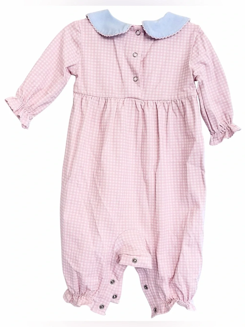 Stitchy Fish Grace Gingham Romper, Baby Girl Pink Blue White Peter Pan Collar